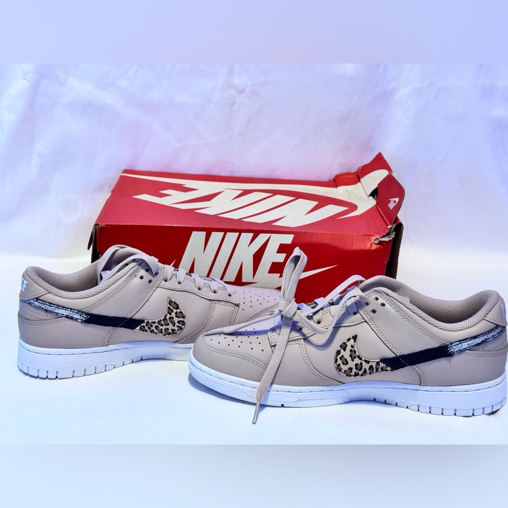 Nike Fossil Stone Sneakers with Multi-Color Leopard Print Swoosh